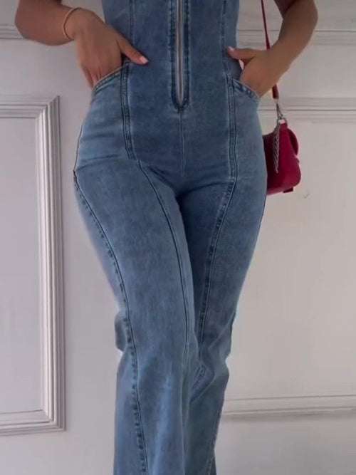 DenimDare? Sleeveless Paneled Denim Jumpsuit ¨C Edgy, Feminine,